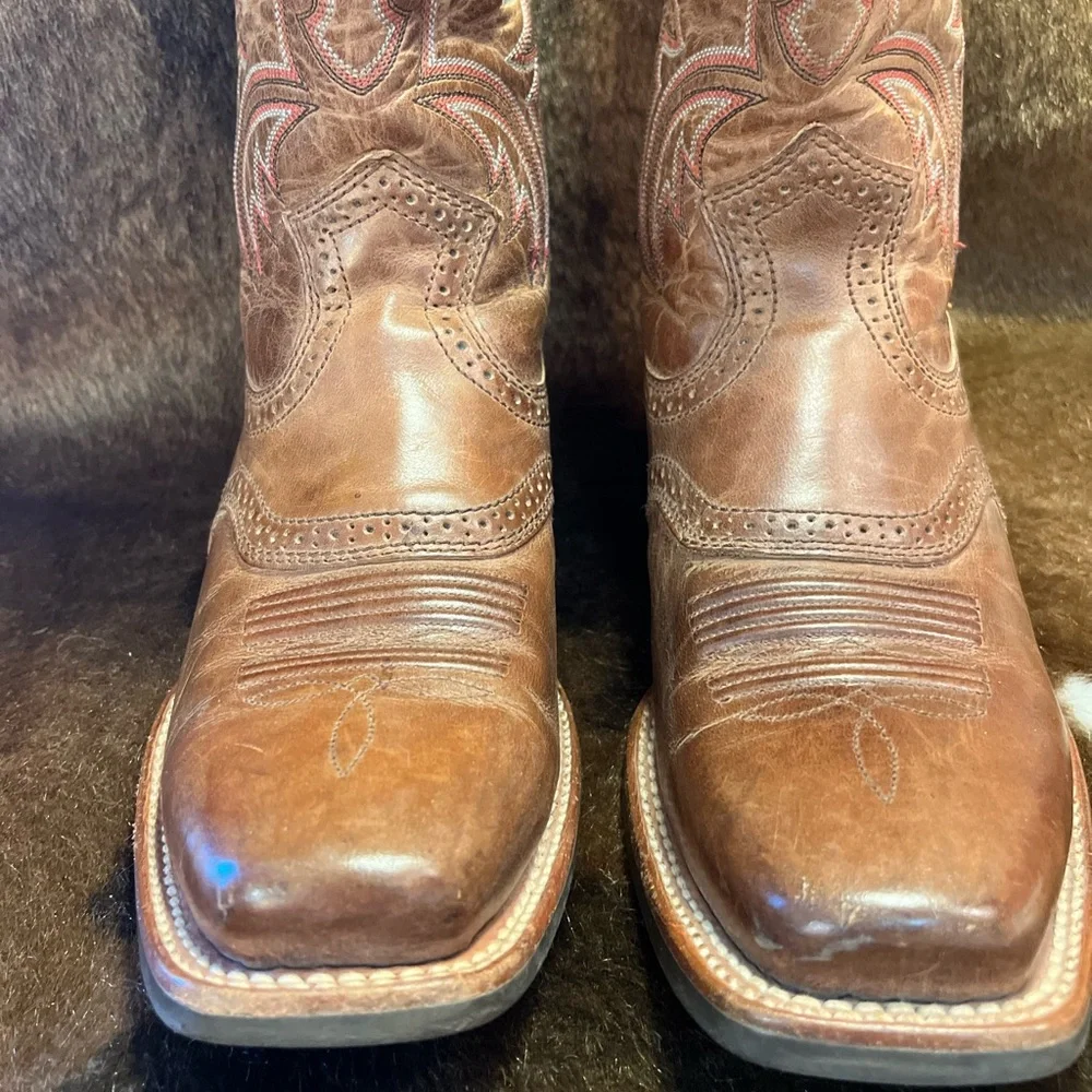 BROWN BOOTS SQUARE TOE RIDING HEEL LADY 8 MEN 7D ARIAT SPUR SHELF STITCH UNISEX - Picture 4 of 15